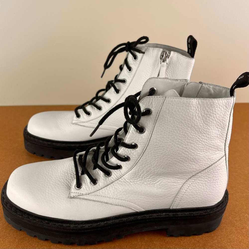 BLACK SUEDE STUDIO WHITE LEATHER COMBAT BOOTS - Picture 8 of 13